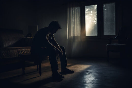 Man alone in room struggling with alcohol addiction