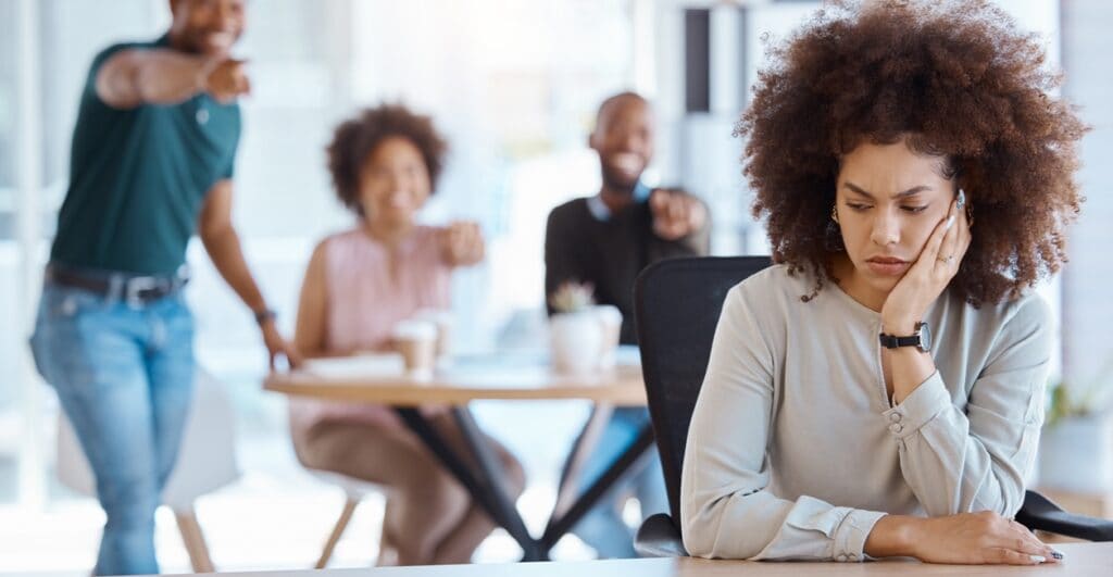 Workplace, gossip and bullying business people for Human Resources, mental health or office compliance