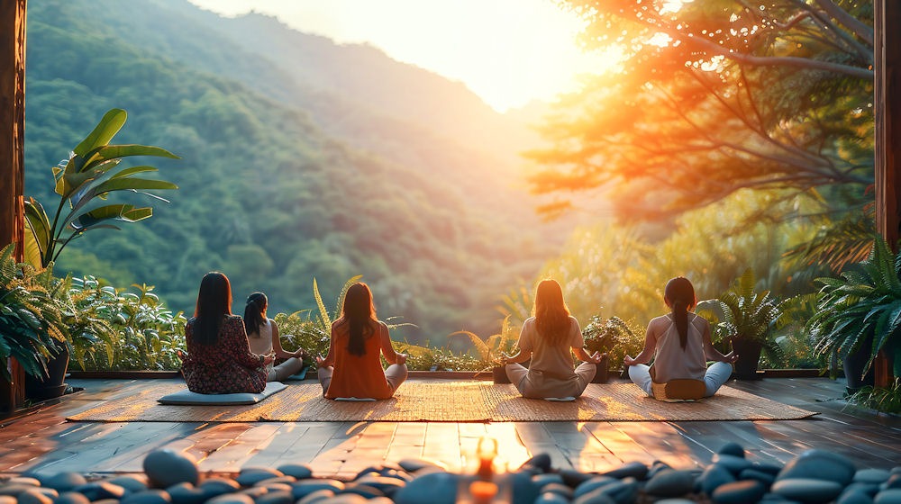 Five women sitting in lotus position on an extended yoga mat in front of a sunset view between forested mountains