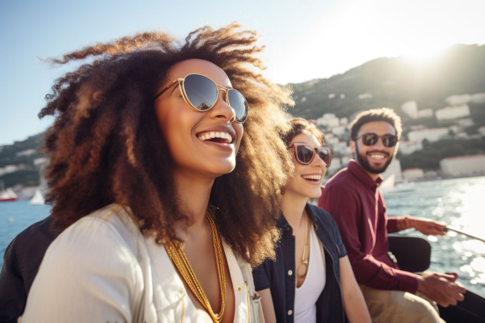 Two woman and one man relaxing on a dock while laughing and wearing sunglasses