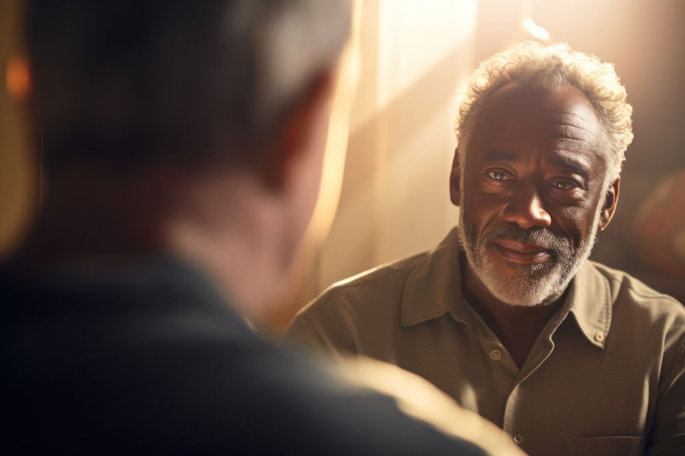 Backlit photo of kind man giving advice to other man about alcohol withdrawal