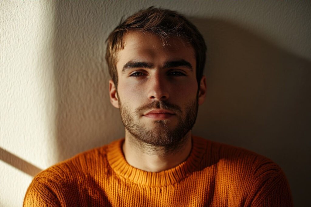 Man in orange sweater contemplates