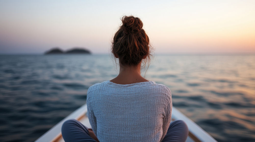 Woman sitting in a canoe on a lake during sunset with island in the distance.
